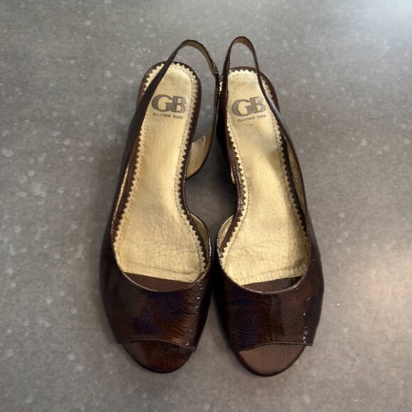 Gianni Bini Brown Crackled Leather Peep Toe Slingback Wedges – Size 9M - Picture 2 of 12